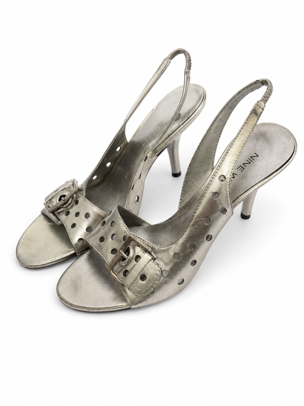 Vintage Y2K Nine West Silver Leather Perforated Buckle Slingback Heels 6.5M
